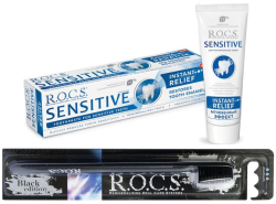 En uygun fiyatlarla Rocs Sensitive 75 ML Diş Macunu-Black Edition Diş Firçasi+20 MLDiş Macunu Hediyeli